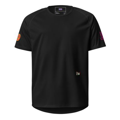 Black unisex sports jersey: front plain mesh, small GW mark on right chest