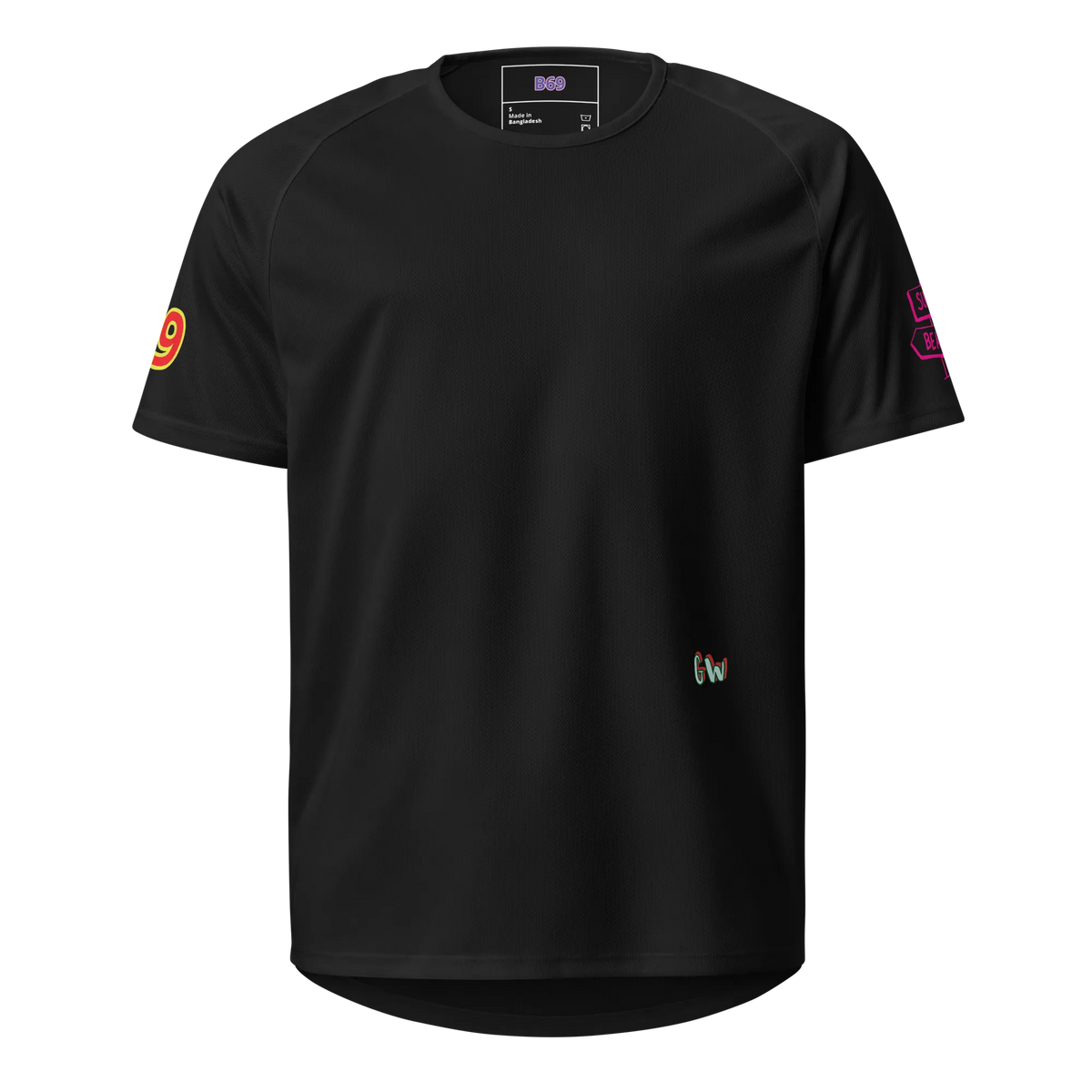 Black unisex sports jersey: front plain mesh, small GW mark on right chest