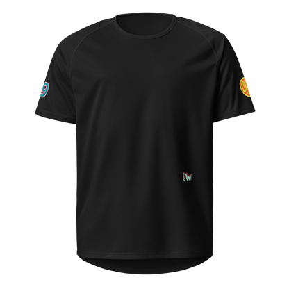 Black unisex sports jersey, short-sleeve athletic top with side sleeve patches