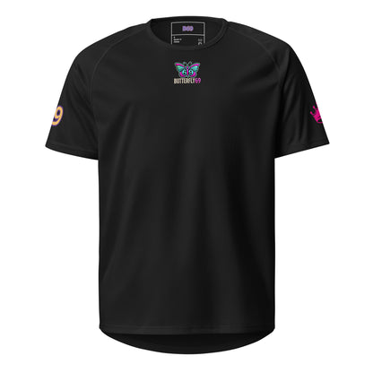Black unisex sports jersey with butterfly logo at chest and collar neck label