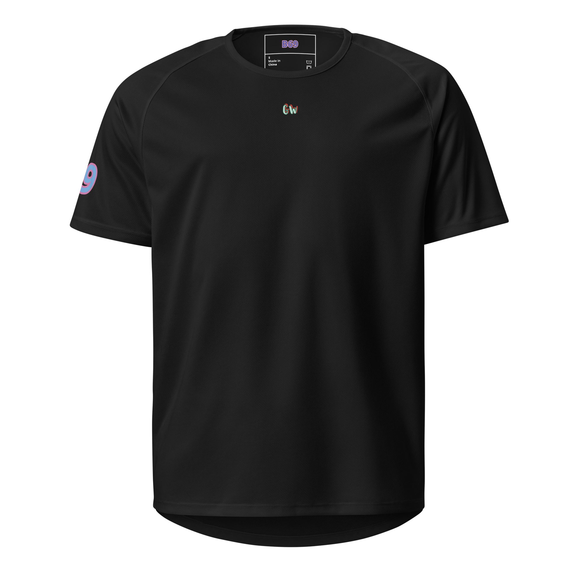 Sports jersey, black, front with small “CW” logo and number “B69” label at collar.