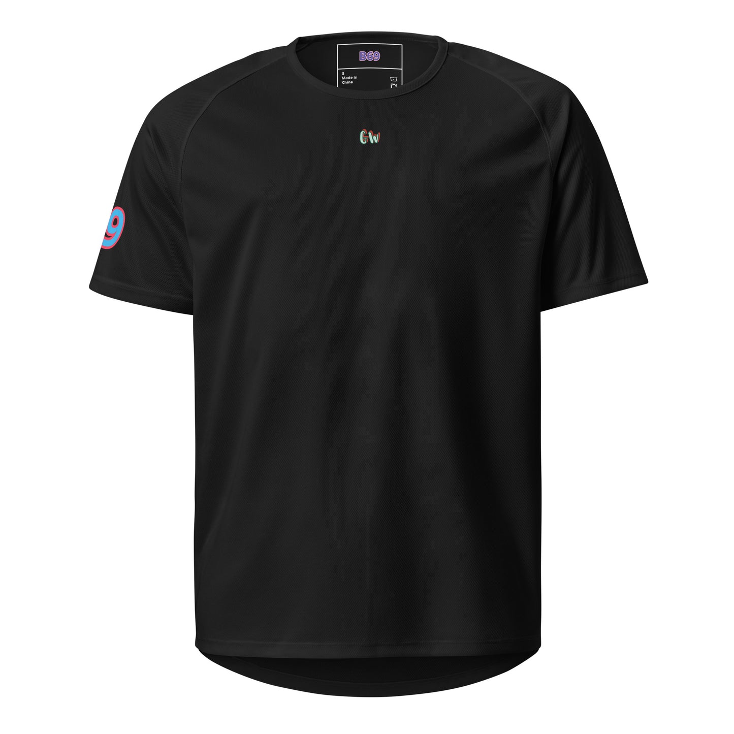 Black sports jersey front with small CW logo and “9” sleeve number