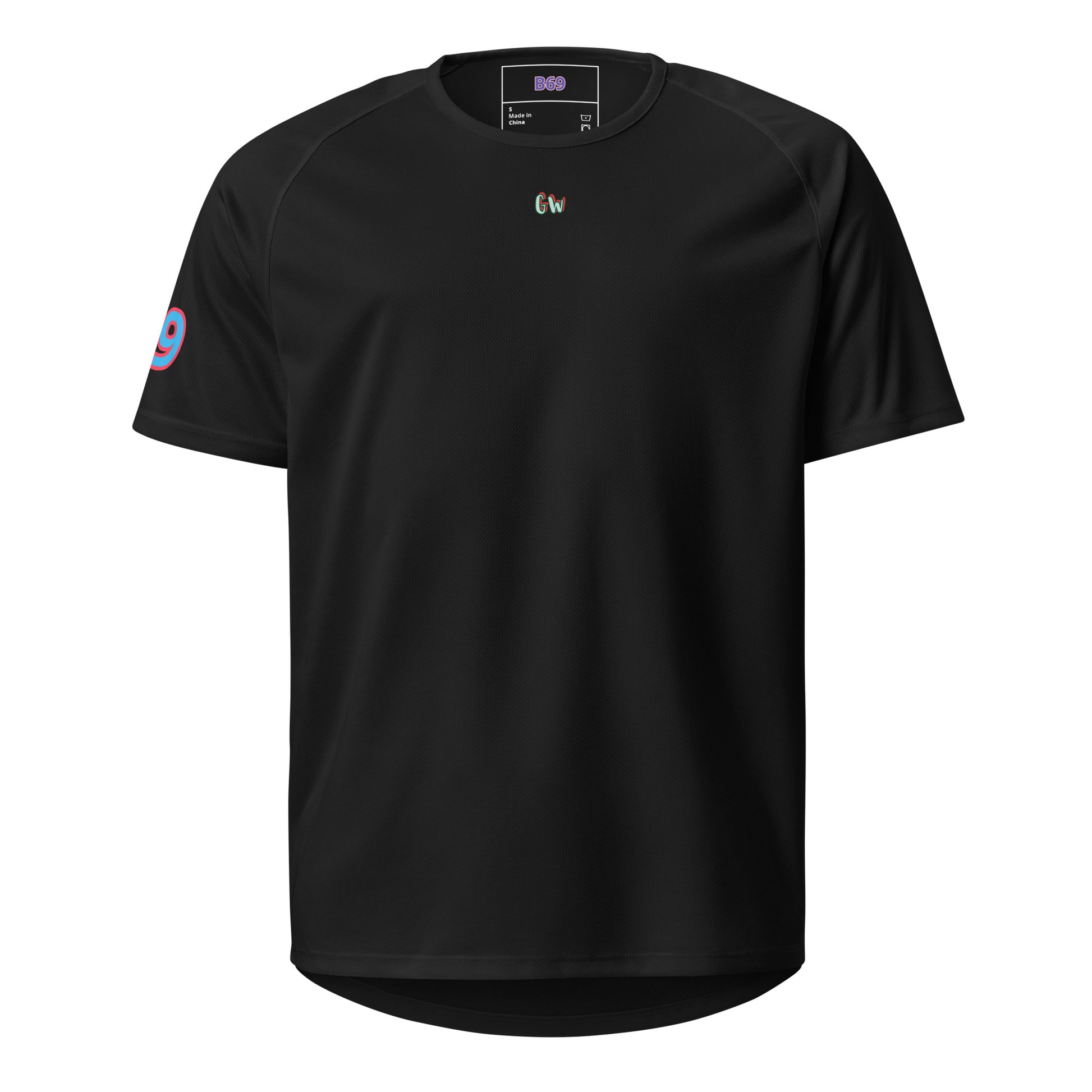Black sports jersey front with small CW logo and “9” sleeve number