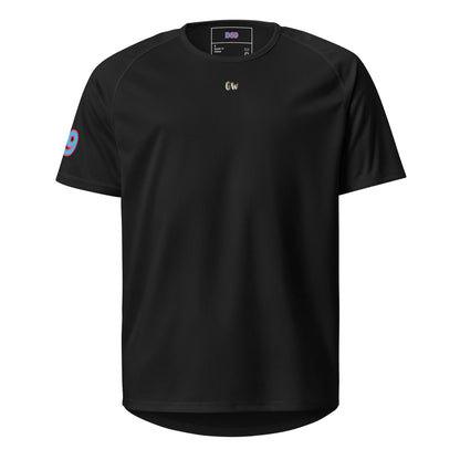 Black sports jersey front with small CW logo and “9” sleeve number