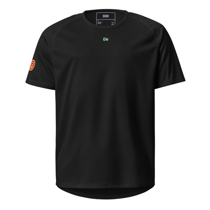 Black sports jersey front with small chest logo and yellow 9 on sleeve