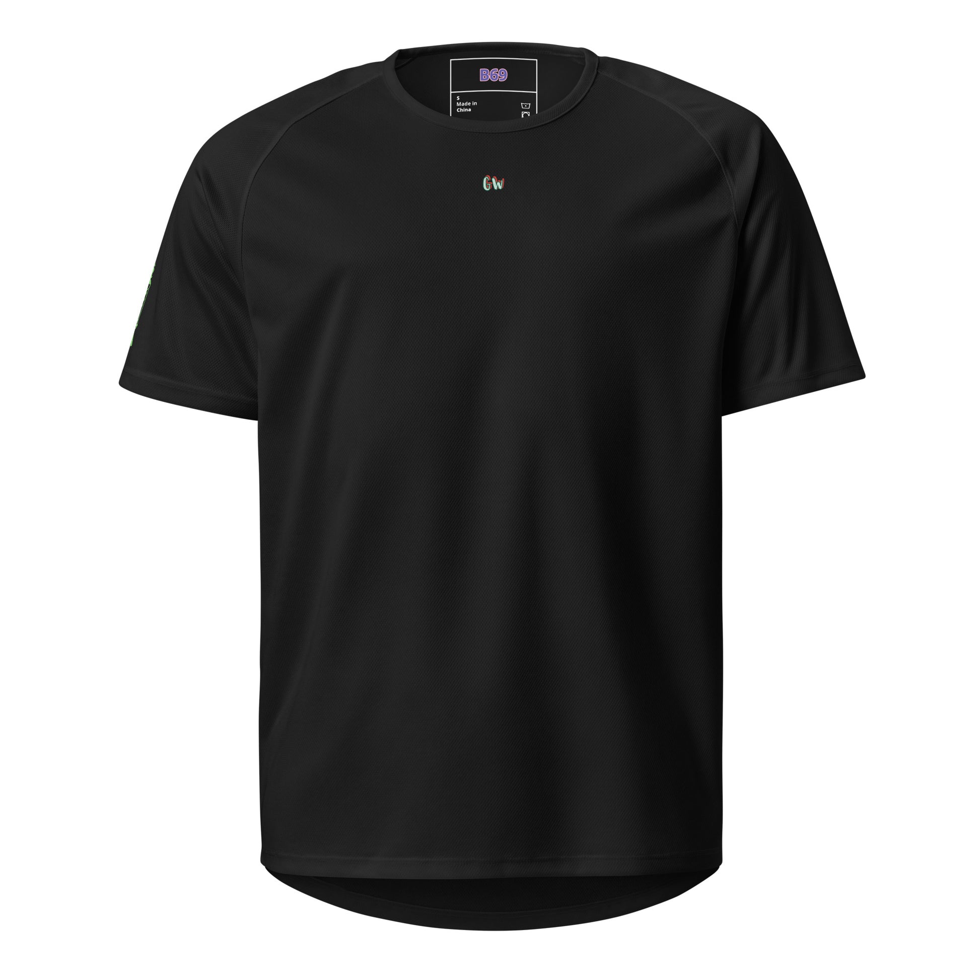 Black sports jersey, front view with small “cw” logo on chest