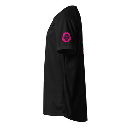 Unisex sports jersey black, side view with pink face logo on sleeve