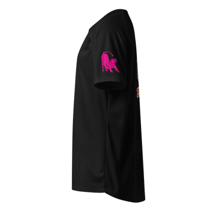 Black unisex sports jersey sleeve with pink animal logo detail