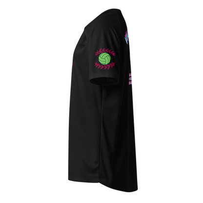 Black unisex sports jersey sleeve graphic with green ball and pink laurel