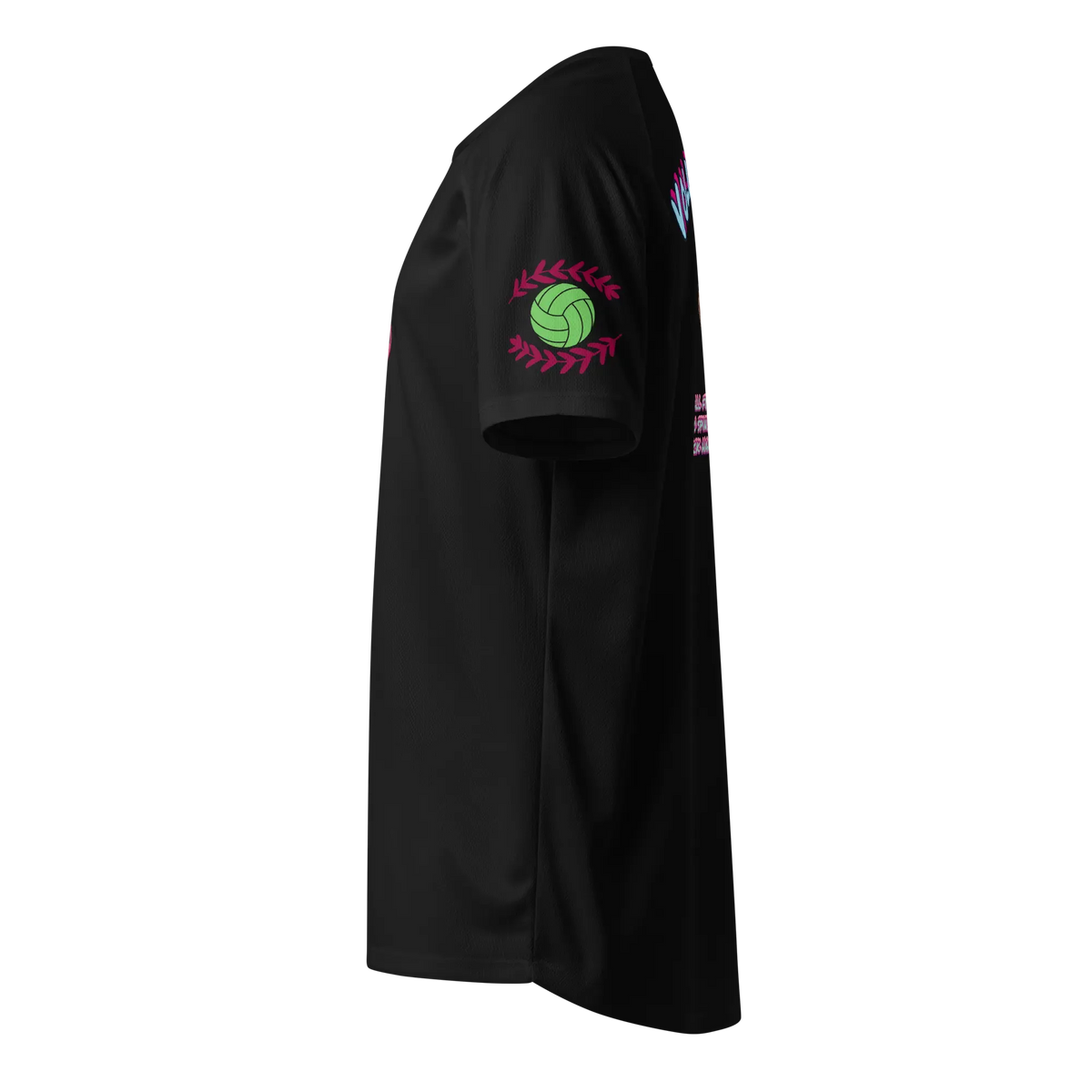 Black unisex sports jersey sleeve graphic with green ball and pink laurel