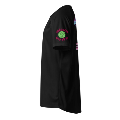 Black unisex sports jersey sleeve graphic with green ball and pink laurel