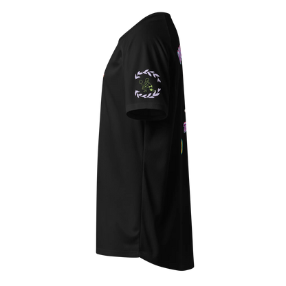 Black unisex sports jersey side view, sleeve wreath graphic