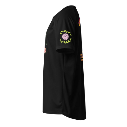 Unisex sports jersey, black, side view with laurel ball emblem on sleeve