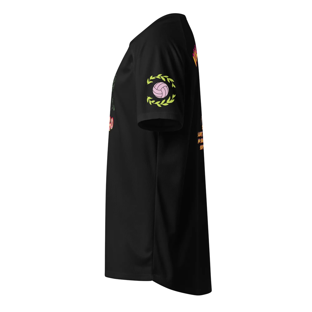 Unisex sports jersey, black, side view with laurel ball emblem on sleeve