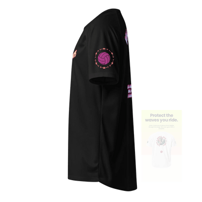 Black unisex sports jersey, side view with purple ball sleeve graphic