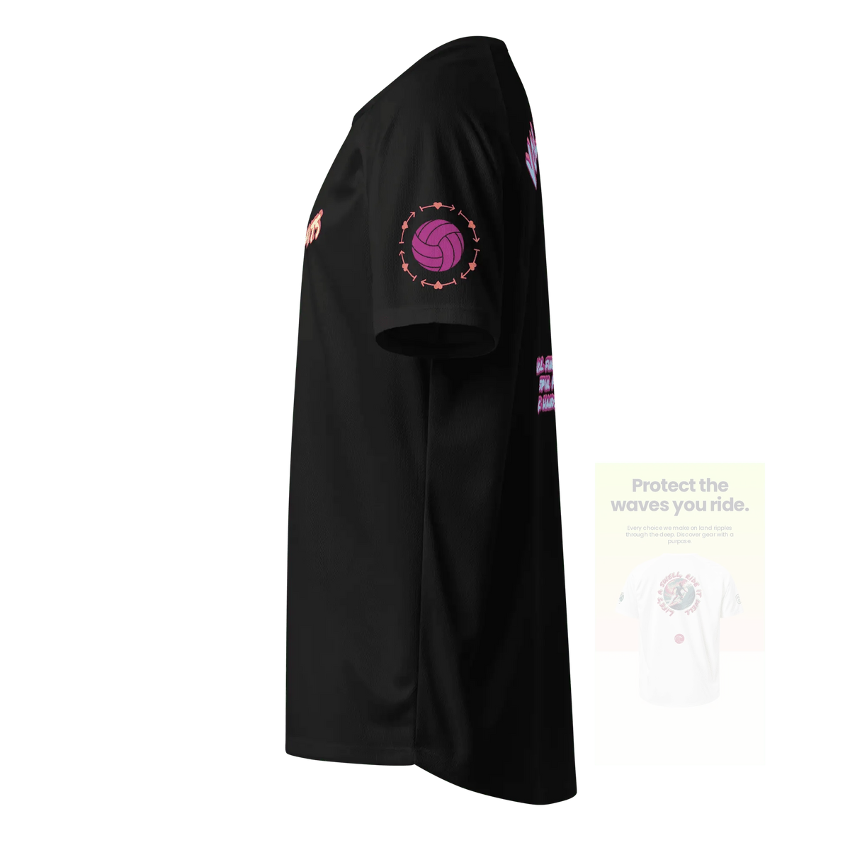 Black unisex sports jersey, side view with purple ball sleeve graphic