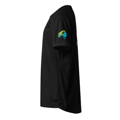 Black unisex sports jersey, short sleeve with green-blue surf fin logo