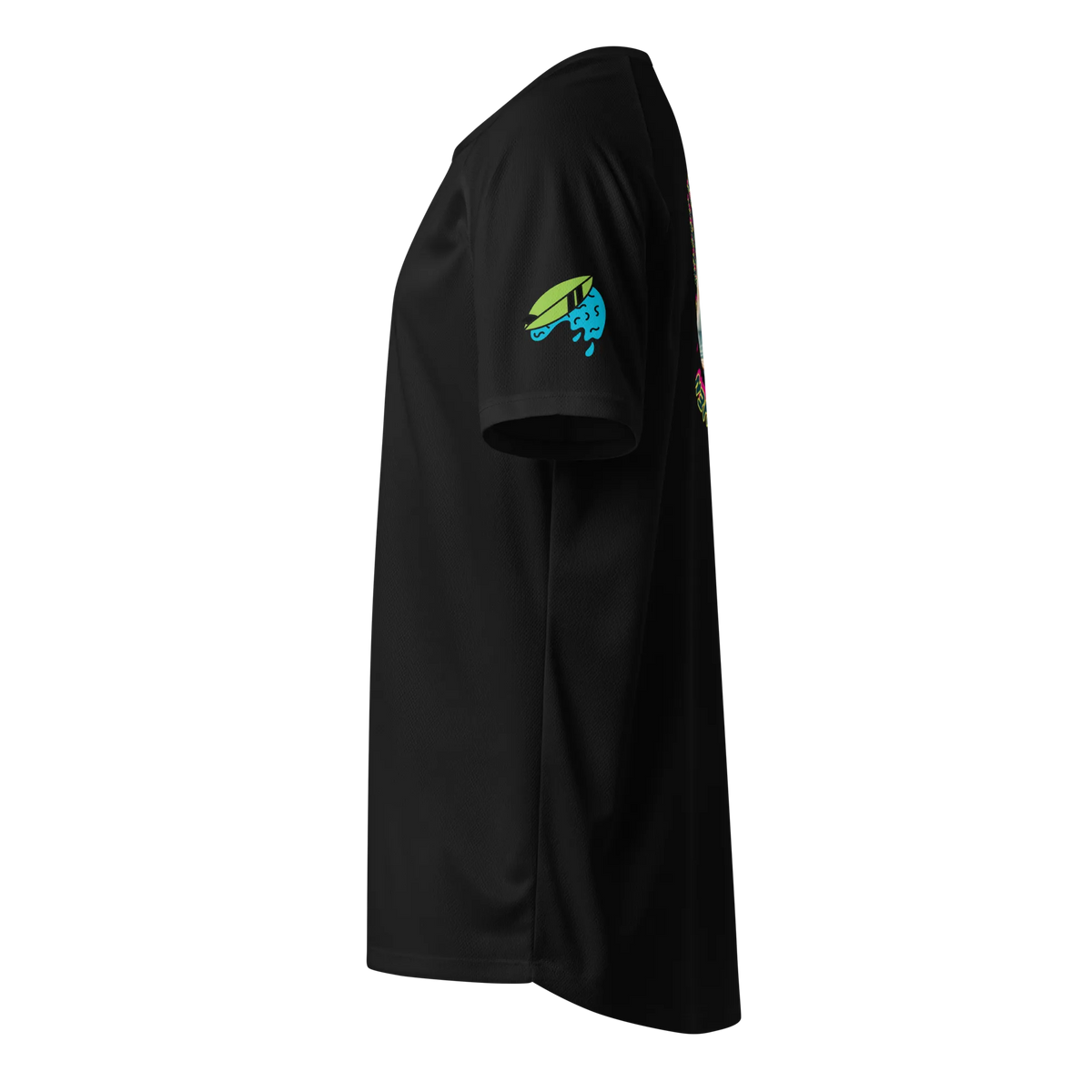 Black unisex sports jersey, short sleeve with green-blue surf fin logo