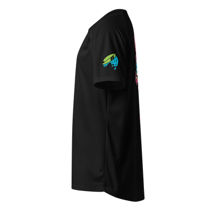 Black sports jersey side view with green-blue fish logo on sleeve