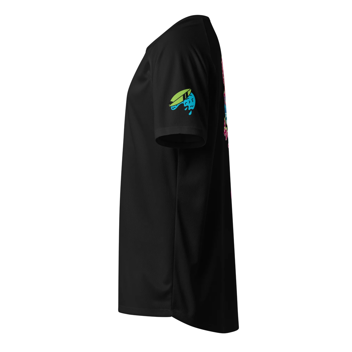 Black sports jersey side view with green-blue fish logo on sleeve
