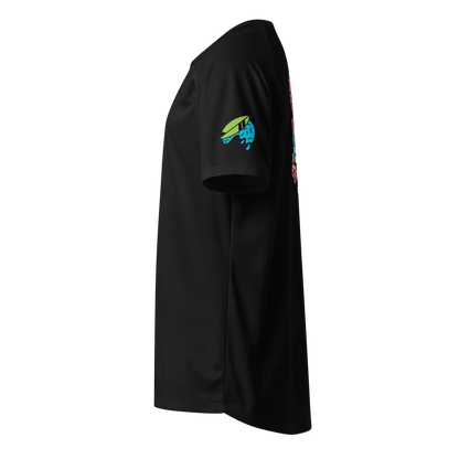 Black sports jersey side view with green-blue fish logo on sleeve