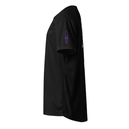 Black sports jersey side view with neon surfboard outline on sleeve