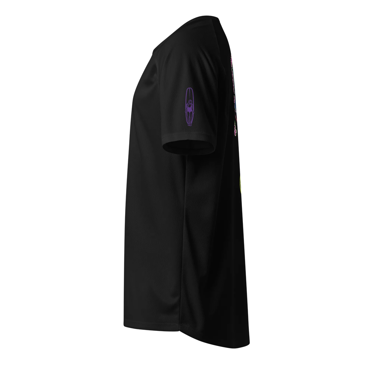Black sports jersey side view with neon surfboard outline on sleeve
