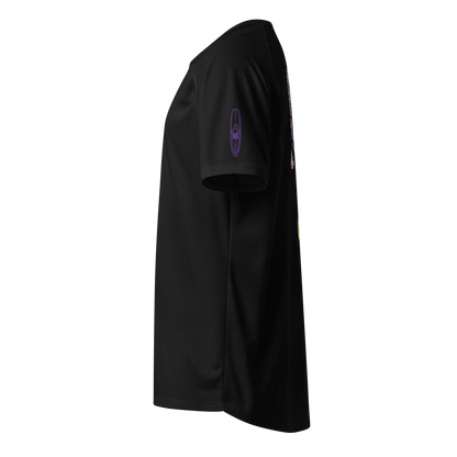Black sports jersey side view with neon surfboard outline on sleeve