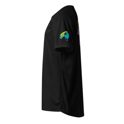 Black sports jersey side view with neon surf emblem on sleeve