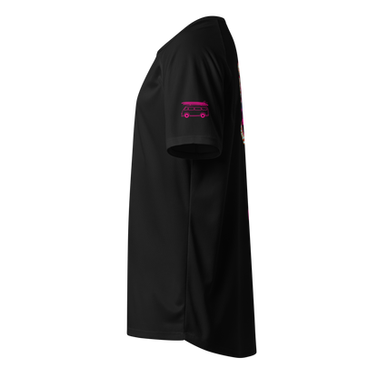 Black sports jersey, side view with pink car icon on sleeve
