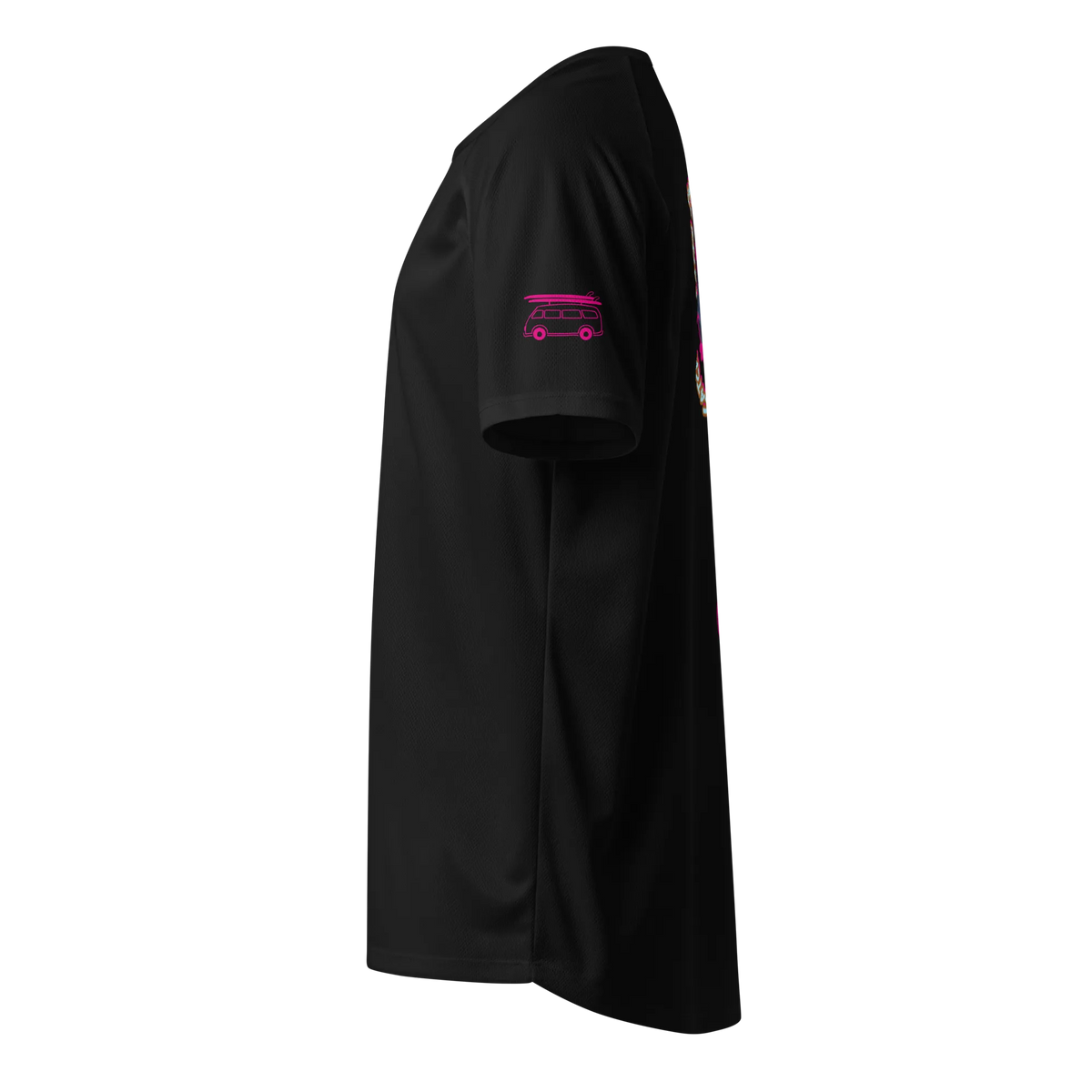 Black sports jersey, side view with pink car icon on sleeve