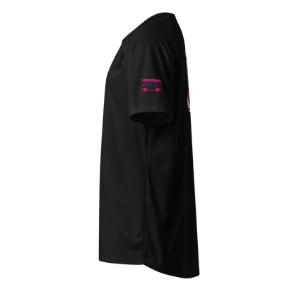 Black sports jersey, side view with pink car icon on sleeve