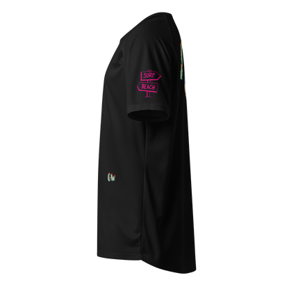 Black unisex sports jersey: side view with pink 'SURF BEACH' sleeve badge