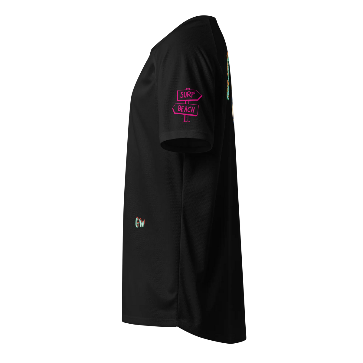 Black unisex sports jersey: side view with pink 'SURF BEACH' sleeve badge