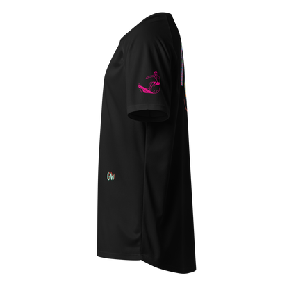 SurfLegend sports jersey in black, side view with pink surf rider print