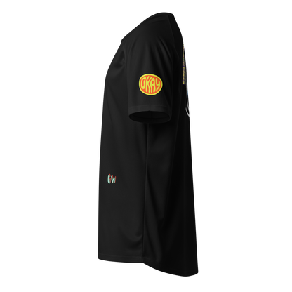 Black unisex sports jersey side view with neon logo patch and small chest mark