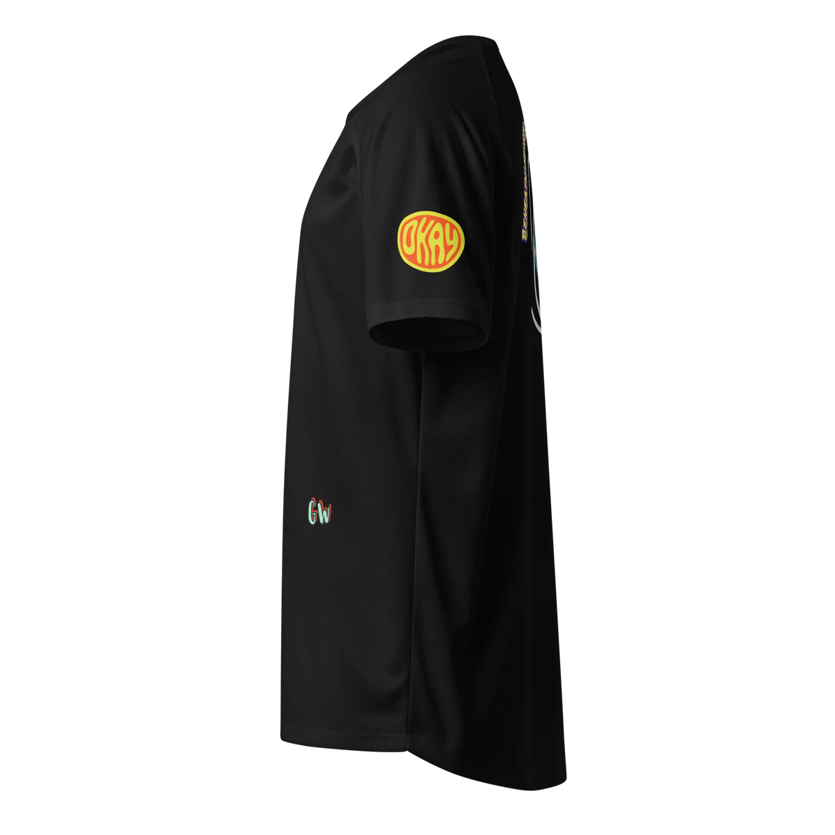 Black unisex sports jersey side view with neon logo patch and small chest mark