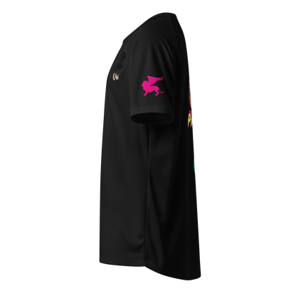 Black sports jersey side view with pink horse logo on sleeve