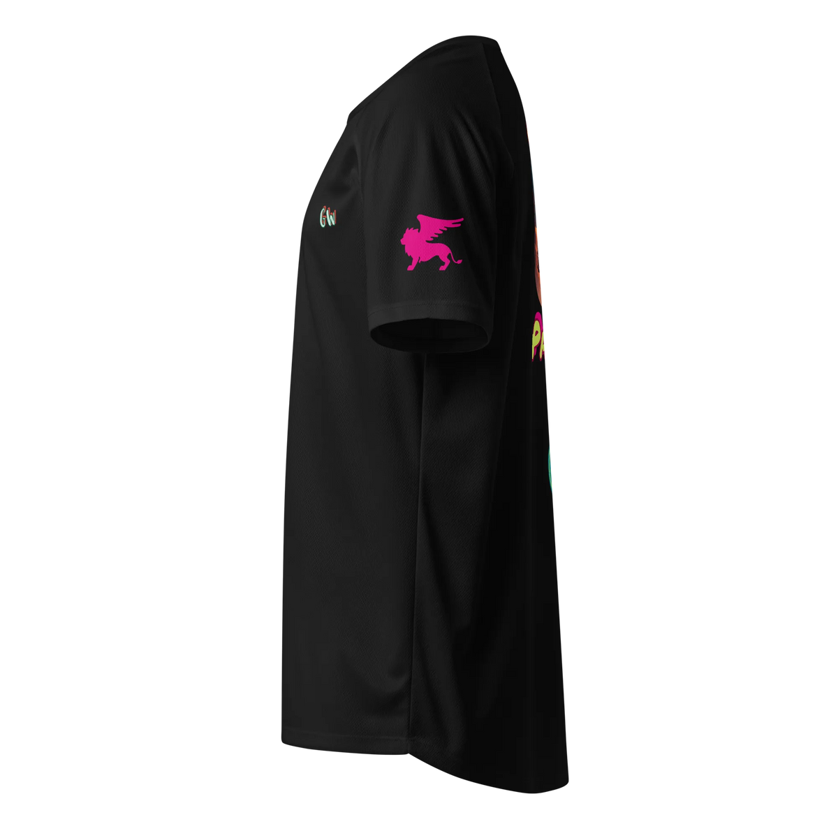 Black sports jersey side view with pink horse logo on sleeve