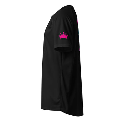 Black sports jersey with pink crown logo on chest