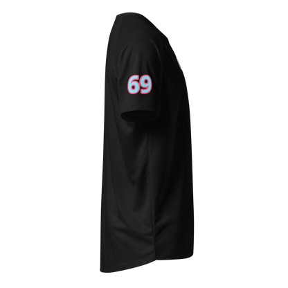 Unisex sports jersey black, sleeve print “69” pink-and-blue