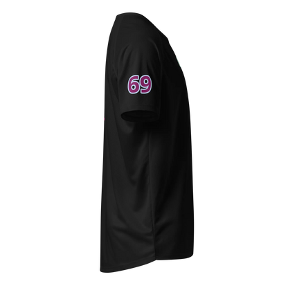 Black unisex sports jersey side with “69” on sleeve