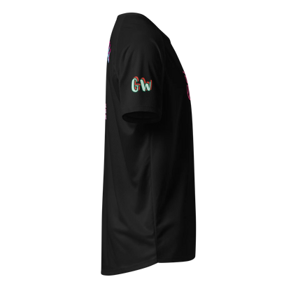Black unisex sports jersey sleeve logo with multicolor "Gw" letters