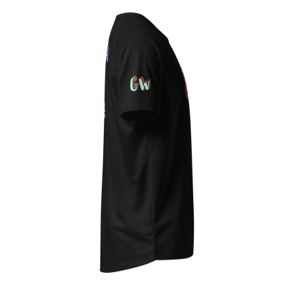 Black unisex sports jersey sleeve logo with multicolor "Gw" letters