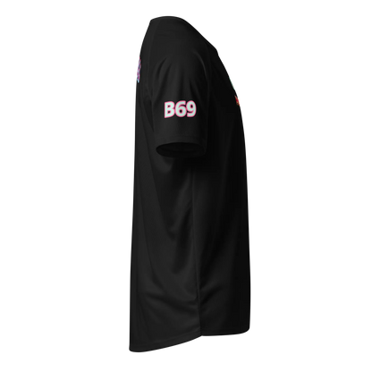 Black unisex sports jersey side view, sleeve B69 print