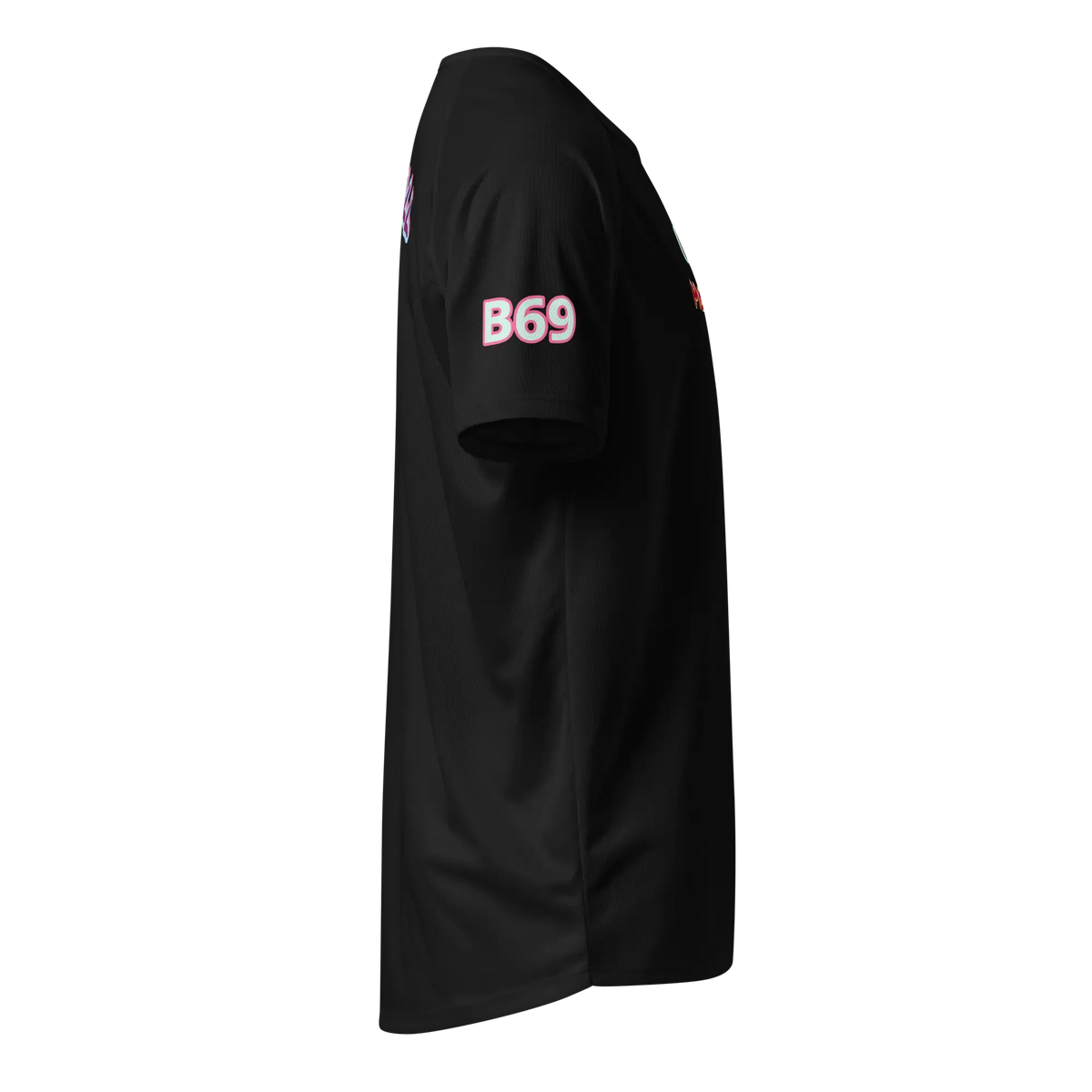 Black unisex sports jersey side view, sleeve B69 print