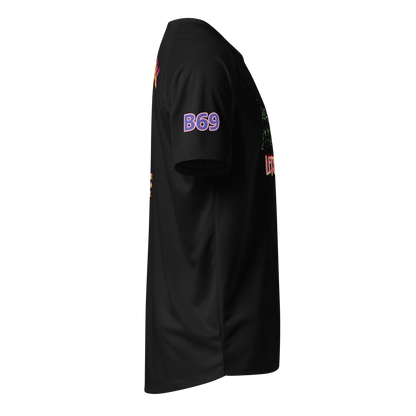 Unisex sports jersey, black, sleeve side panel with “B69” print