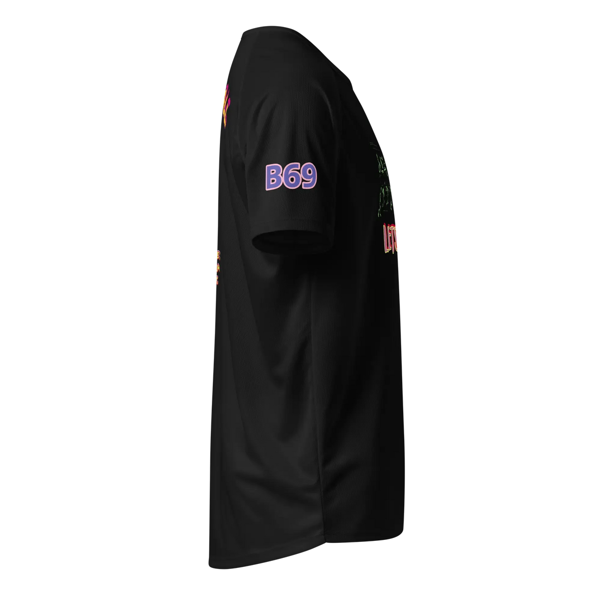 Unisex sports jersey, black, sleeve side panel with “B69” print