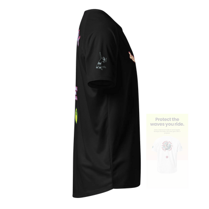 Black unisex sports jersey, side view showing light baller silhouette logo