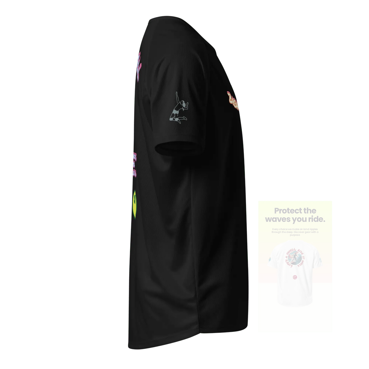 Black unisex sports jersey, side view showing light baller silhouette logo